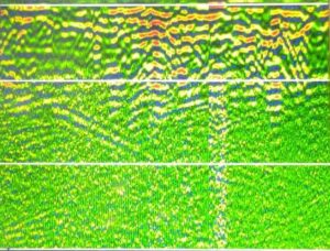 Ground penetrating radar screen showing subsurface utility data during a septic system locate in Central North Carolina